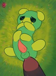 :3 absurd_res anus balls big_penis bits_and_bops black_penis bodily_fluids duo flow_worms_(bits_and_bops) genital_fluids genitals grass green_body hi_res kakau221 male male/male mouth_closed non-human non-human_only penis penis_tip pink_penis plant precum size_difference smaller_male toony unusual_penis