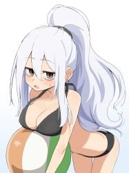1girls ball beachball bikini black_bikini breast_rest breasts brown_eyes carried_breast_rest carrying cleavage cowboy_shot highres holding holding_ball holding_beachball leaning_forward long_hair looking_at_viewer medium_breasts original parted_lips salpin simple_background solo swimsuit white_background white_hair