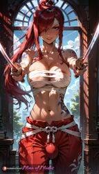 ai_generated areola_slip bandages blue_tattoo brown_eyes bulge_under_clothes cleavage erza_scarlet fairy_tail fighting_pose flaccid flaccid_penis futanari katana manofmidas penis_bulge red_eyeshadow red_hair sword swords tattoos