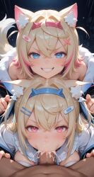 1boy 2girls blush collar cum cum_in_mouth dog_ears dog_girl dog_tail fellatio fuwawa_abyssgard hololive hololive_english large_breasts large_penis mococo_abyssgard penis saliva smile smug straight testicles twins virtual_youtuber
