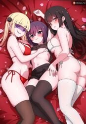 angry_expression girls_only kenday70 pervert_female purple_eyes purple_hair red_background red_eyes red_hair sexy_girls surprised_expression three_girls yellow_hair yuri