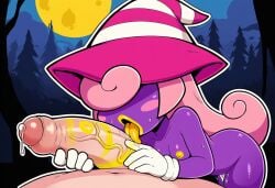 1boy ai_generated blush breasts female gloves licking_penis lipstick lipstick_on_penis male mario_(series) nipples paper_mario paper_mario:_the_thousand-year_door penis pink_hair pov purple_skin tongue vivian_(paper_mario) witch_hat yellow_lipstick yellow_nipples yellow_tongue