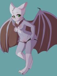 2015 3:4 3_toes anthro aoizuri barefoot bat big_ears big_eyes biped blush breasts chest_tuft clothed clothing ellise_the_bat fangs feet female fluffy fur green_eyes grey_body grey_fur hi_res hindpaw looking_at_viewer mammal membrane_(anatomy) membranous_wings nickii nipples open_mouth panties paws short_hair small_breasts solo spread_wings teeth toes topless tuft underwear wings