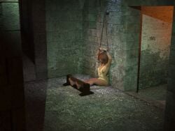 brown_hair cgi chained_to_wall chained_wrists dungeon female slave stocks tunic