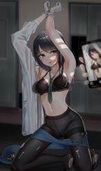 1boy 1girls absurd_res absurdres alternate_costume armpits arms_above_head arms_up assisted_exposure beauty_mark belly belly_button black_bra black_eyes black_hair black_lingerie black_panties black_underwear blue_skirt blush bondage bound bound_wrists bra breasts cellphone cuffs dark_room embarrassed exposed_midriff exposed_torso faceless_male female femsub forced forced_exposure gloves half-dressed handcuffed handcuffs hat headwear_removed heels helpless hi_res hiaruaruaru high_heels high_resolution highres hook idolmaster idolmaster_shiny_colors imminent_rape indoors kazano_hiori kidnapped kneeling light-skinned_female light-skinned_male lingerie long_hair male maledom medium_breasts mole mole_under_mouth navel open_clothes open_mouth open_shirt panties pantyhose partially_clothed phone phone_screen police_uniform policewoman recording restrained restrained_arms ripped_clothing ripped_pantyhose scared scared_expression shirt skirt skirt_down skirt_pull slim_waist taking_picture tearing_up tears tie torn_clothes torn_pantyhose underwear white_gloves white_shirt worried worried_expression