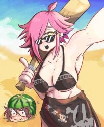 ahoge baseball_bat beach beach_day big_breasts bikini breasts buried buried_in_sand emikukis feathers gomu4rt hair_over_one_eye huge_breasts neneefthy ocean partially_clothed sand selfie selfie_pose short_hair skirt sunglasses two_tone_hair watermelon