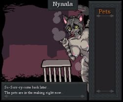 animal_nipples catgirl dungeonmori feline feline_humanoid feral furry_ears furry_female furry_only furry_tail hidden_sex hotpants lactating lactating_during_sex lactation not_safe_fur_work pixel_art salivating steam