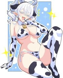 1girls bikini blush breasts cow_print cow_print_bikini demon demon_girl demon_horns duel_monster earrings fangs female huge_breasts k_daiiti konami labrynth_of_the_silver_castle laugh legs looking_at_viewer lovely_labrynth_of_the_silver_castle open_mouth pigtails pose princes smile solo thighs yu-gi-oh!