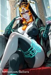 1girls ai_generated areolae belliora big_breasts black_cloak black_skin black_skirt blue_skin blush breasts cloak colored_sclera colored_skin day female female_only front_ponytail hi_res highres large_breasts leaning_on_hand lips loincloth loincloth_aside looking_at_viewer midna multicolored_skin nipples orange_hair red_eyes red_skin sitting sky smile smiling smiling_at_viewer solo the_legend_of_zelda twili_midna twilight_princess two-tone_skin yellow_sclera