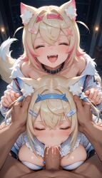 1boy 2girls ai_generated blush closed_eyes collar cum cum_in_mouth dog_ears dog_girl fangs fellatio fuwamoco fuwawa_abyssgard hands_on_another's_head hands_on_head hololive hololive_english large_breasts large_penis mococo_abyssgard open_mouth penis saliva smile straight testicles twins virtual_youtuber