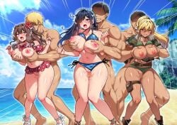 3boys 3girls ammunition_pouch beach bikini bikini_bottom_aside bikini_top_lift black_hair blonde_hair blue_bikini blue_eyes blush breasts brown_eyes brown_hair camouflage camouflage_jacket cleavage clenched_teeth clothes_lift clothing_aside dark-skinned_female dark_skin female floral_print floral_print_bikini flower frilled_bikini frills game_cg game_show grabbing_another's_breast grabbing_from_behind green_bikini groping hair_flower hair_ornament hairclip heart heart_print hechima_kobo jacket knees_together_feet_apart large_areolae large_breasts long_hair male medium_hair mesu_game_~tsukamareba_soku_nakadashi!_100_hyaku_oku-en_to_chijoku_o_kaketa_survival~ multiple_boys multiple_girls nipples non-web_source one_eye_closed open_mouth outdoors ponytail pouch sandals sex sex_from_behind shiny_skin side-tie_bikini_bottom swimsuit tan teeth vaginal_penetration yellow_eyes