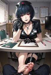 1boy 1girls ai_generated atlus behind_desk black_latex black_latex_dress black_latex_garter_straps black_latex_gloves black_latex_thighhigh black_lips black_lipstick black_nail_polish black_nails black_pants blunt_bangs bob_cut brown_eyes chair cleavage clipboard cock cock_out cock_out_of_pants collared_dress dark_blue_hair desk desk_gap doctor's_office dominant dominant_female eyebrows eyebrows_behind_hair eyelashes female femdom filing_cabinet foot_fetish foot_focus foot_play footjob footjob_under_desk footjob_under_table footwear_removed garter_strap gloves goth goth_girl half-closed_eyes hand_on_desk head_on_hand head_rest head_tilt knowing_look latex latex_armwear latex_clothing latex_gloves latex_nurse latex_thighhigh leg_up lipstick looking_at_viewer low_light male_pov megami_tensei nail_polish navy_blue_hair necklace nurse nurse_cap nurse_clothing nurse_hat nurse_headwear nurse_outfit nurse_uniform one-footed_footjob pen pencil_cup penis penis_out penis_out_of_pants persona persona_5 persona_5_royal plant pov pov_eye_contact pov_male red_cross sega shin_megami_tensei short_dress short_hair short_sleeves sidelighting sitting sitting_on_chair small_penis smile smiling_at_viewer spiked_choker swivel_chair tae_takemi tease teasing teasing_penis teasing_viewer teasing_with_feet thighhigh_removed thighhighs toenail_polish under_desk under_desk_footjob under_table_footjob unzipped_pants venetian_blinds wall_clock window