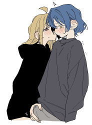 2girls alternate_skin_color blonde_hair blush bocchi_the_rock! bulge commentary_request dayama erection erection_under_clothes flat_color futa_with_female futanari highres hood ijichi_nijika jacket lightened_skin long_hair multiple_girls short_hair simple_background sweat white_background yamada_ryou