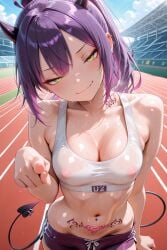 ai_generated arbitrary cleavage hololive hololive_japan horns ponytail purple_hair small_breasts sportswear sweat tail tokoyami_towa vtuber womb_tattoo