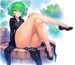 1girls ass censored censored_pussy clothing cum_in_mouth cum_in_pussy cum_inside female female_only green_eyes green_hair heart heart_censor legs_crossed mogudan one-punch_man simple_background sitting solo spread_legs tatsumaki thick_thighs well wide_hips wide_thighs