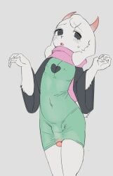 2025 2_horns 5_fingers anthro black_eyes black_sleeves blush blush_lines bodily_fluids bovid bulge caprine clothing deltarune detailed_bulge fingers floppy_ears fur genital_outline genitals glans goat green_clothing green_robe grey_background head_tuft heart_print_clothing horizontal_pupils horn humanoid_genitalia humanoid_penis looking_at_viewer lop_ears male male_anthro mammal navel_outline nervous nipple_outline open_mouth penis penis_outline penis_peek pink_glans pink_horn pink_scarf pink_tongue print_clothing print_robe pupils ralsei robe scarf seuppi short_tail simple_background solo standing sweat tail tongue tuft undertale_(series) white_body white_ears white_fur white_tail white_tuft