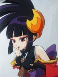 1boy bare_shoulders black_hair breasts censored chinese_clothes cum cum_in_mouth cum_on_body cum_on_breasts cum_on_upper_body drill_hair facial female fingerless_gloves gloves medium_breasts mosaic_censoring paizuri paizuri_under_clothes penis purple_hair red_eyes solo_focus straight tongue