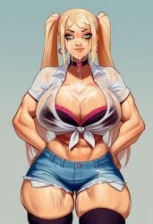 abs ai_generated aipixelporn big_breasts black_bra blonde_hair blue_eyes choker cum cum_drip cum_on_body cum_on_breasts cum_on_face female gyaru handjob heart-shaped_pupils heart_earrings jean_shorts light-skinned_male muscles nude pink_lace running_mascara sara_(aipxelporn) small_penis thighhighs tied_shirt twintails