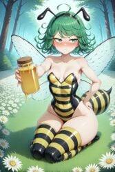 1girls :t ahoge ai_generated aimoonshine alternate_costume antennae antennae_(anatomy) arthropod_girl bare_arms bare_shoulders bee black_hairband black_leotard blush bottom_heavy breasts closed_mouth collarbone covered_navel curly_hair day female female_only flower forest full_body grass green_eyes green_hair hairband hand_on_hip hand_on_own_hip highleg highleg_leotard holding honey honey_(food) insect_wings jar leotard looking_at_viewer nature nose_blush offering offering_to_viewer on_grass one-punch_man outdoors pout seiza shiny_clothes short_hair sideways_glance sitting skindentation small_breasts solo solo_female strapless strapless_leotard striped_clothes striped_thighhighs tatsumaki thick_thighs thighhighs thighs tree tsundere v-shaped_eyebrows white_flower wide_hips wings