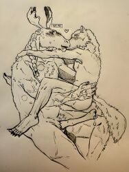absurd_res ambiguous_gender animal_genitalia animal_penis anthro antlers balls bison bite_mark bovid bovine breasts bruised canid canine canis cervine_genitalia cervine_penis chest_tuft deer duo feet genitals gynomorph gynomorph/male hi_res hickey horn humanoid_feet hybrid imminent_sex intersex intersex/male jane_(makoyino) kiss_on_lips kissing making_out makoyino male male/ambiguous mammal moose new_world_deer penis plantigrade saggy_balls sex small_breasts tail tuft vein veiny_arms veiny_muscles wolf