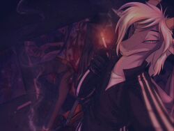 4:3 anthro blood bodily_fluids bottomwear bullet_wound cigarette clothed clothing death digital_media_(artwork) dragon frostbite80_(artist) hair hi_res holding_cigarette holding_object holding_weapon horn jacket looking_at_viewer male murderer mythological_creature mythological_scalie mythology necktie pants scalie selfie shirt topwear weapon zerrin_(frostbite80)
