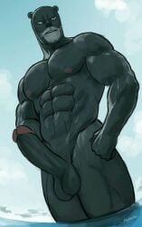 abs anthro biceps big_penis cloud domestic_cat erection exceed facial_markings facial_scar fairy_tail felid feline felis genitals glans hands_on_hips head_markings hi_res humanoid_genitalia humanoid_penis hydaria low-angle_view male male_only mammal markings muscular muscular_anthro muscular_arms muscular_male muscular_thighs muzzle_(marking) nipples pantherine pantherlily partially_submerged pecs penis round_ears scar shallow_water sky skyscape solo triceps water whiskers
