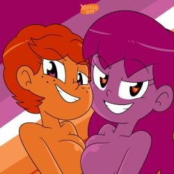 breasts_pressed_together chloe_(xierra099) grin grinning grinning_at_viewer lesbian_pride_colors long_hair looking_at_viewer lovin’sis naked naked_female nichole_(xierra099) nude nude_female orange_body orange_eyes orange_hair orange_skin pride_colors pride_month purple_body purple_eyes purple_hair purple_skin short_hair smile smiling smiling_at_viewer xierra099 yuri