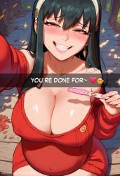 aftermath ai_generated busty caption comic comic_page commission congratulations dialogue english_text entrapment huge_breasts patreon patreon_ad patreon_url patreon_username pregnancy_test pregnant sinderellaart snapchat spy_x_family surprise text thick used voluptuous yor_briar yor_forger
