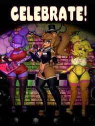 3d 3girls animatronic blue_eyes blue_fur bonfie bonfie_(cryptia) bonfie_(cryptiacurves) bonnie_(cally3d) bonnie_(fnaf) bowtie breasts brown_fur chica_(cally3d) chica_(fnaf) chiku chiku_(cryptia) chiku_(cryptiacurves) cleavage clothed coolestanon cryptiacurves cupcake english_text fap_nights_at_frenni's fazclaire's_nightclub female five_nights_at_freddy's freddy_(fnaf) fredina's_nightclub fredina_(cally3d) frenni_(cryptia) frenni_(cryptiacurves) frenni_fazclaire furry furry_only guitar microphone no_humans panties pink_eyes poster robot singing text thighhighs yellow_fur