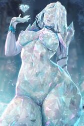 breasts commentary crystal_hair diamond_(gemstone) diamond_earrings earrings emma_frost english_commentary female from_below heart-shaped_gem highres jewelry marvel marvel_rivals nipples prywinko short_hair solo