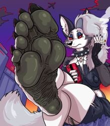 5_toes anthro breasts canid canid_demon canine claws demon feet female foot_focus genitals grey_hair hair hellhound helluva_boss hi_res humanoid_feet loona_(helluva_boss) mammal mythological_canine mythological_creature mythology plantigrade red_sclera soles solo somevelvetmorning toes vulva wrinkled_feet wrinkles