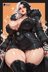 ai_generated bare_thighs blue_eyes gigantic_breasts huge_breasts huge_thighs light-skinned_female light_skin long_hair looking_down low-angle_view mario_(series) massive_breasts nintendo oiled_body oiled_skin panties princess_daisy smiling solo_female squatting super_mario_bros. sweat sweatdrop thick_body thick_female thick_thighs thighs two_tone_hair voluptuous voluptuous_female yashugai