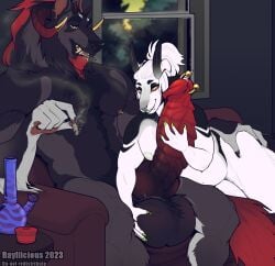 2023 anthro anthro_on_anthro artist_name ass balls barbell_piercing big_balls big_penis black_body black_fur bong butt_grab canid canine dated drugs duo female fur genitals green_eyes green_nipples grey_body grey_fur hair hand_on_butt horn huge_balls huge_cock knot male male/female mammal marijuana marijuana_blunt muscular muscular_anthro muscular_male narrowed_eyes nipple_barbell nipple_piercing nipples nude open_mouth penis piercing rayliicious red_horn ridged_penis sitting smile smoke smoking species_request text white_body white_fur white_hair yellow_eyes