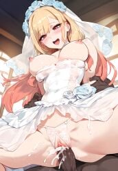 1boy 1girls ai_generated blonde_hair cock cowgirl_position dark-skinned_male ded_173 indoors interracial kitagawa_marin lingerie pink_eyes pussy riding sex sono_bisque_doll_wa_koi_wo_suru viewed_from_below wedding_dress