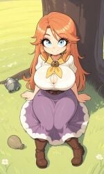 ai_generated beauty blue_eyes blush breasts busty cremia curvy cute female female girl hourglass_figure huge_breasts long_hair looking_at_viewer malon oppai red_hair shadow shiny_hair shiny_skin shortstack solo stretched_clothing the_legend_of_zelda:_ocarina_of_time thebillai tight_clothes under_tree voluptuous wide_hips