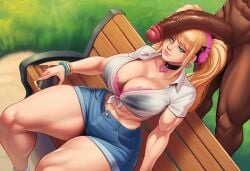 abs ai_generated aipixelporn ball_fondling big_breasts big_penis black_bra blonde_hair blue_eyes choker dark-skinned_male female gyaru heart-shaped_pupils heart_earrings jean_shorts muscles sara_(aipxelporn) thighhighs thighs tied_shirt twintails