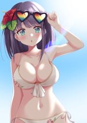 :o absurdres bikini blue_eyes blush breasts female flag_print flag_print_bikini floral_print flower groin hair_flower hair_ornament halterneck heart heart-shaped_eyewear highres large_breasts lens_flare looking_at_viewer medium_hair misora_(princess_connect!) misora_(summer)_(princess_connect!) navel o-ring o-ring_bikini o-ring_top official_alternate_costume overexposure princess_connect! print_bikini purple_hair red_flower side-tie_bikini_bottom solo ssaaggwwaa sun sunglasses sunlight swept_bangs swimsuit upper_body white_bikini