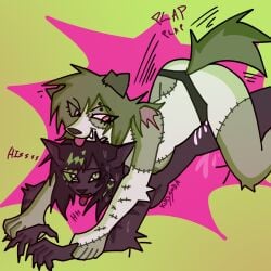 1:1 anthro bodily_fluids canid canine canis claws domestic_cat domestic_dog duo felid feline felis female female/female from_behind_position hi_res hissing holding_down kitty_soda lola_(kitty_soda) maggie_(kitty_soda) mammal on_top questionable_consent scar sex strapon sweat tongue tongue_out undead zombie