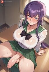 1futa ai_generated balls big_breasts big_penis blue_eyes blush clothing cock dickgirl flaccid foreskin futa_only futanari high-angle_view highschool_of_the_dead huge_cock indoors light-skinned_futanari light_skin long_hair looking_at_viewer penis precum roxygtf saeko_busujima school_uniform schoolgirl sitting smug solo sweat sweating sweaty_body violet_hair