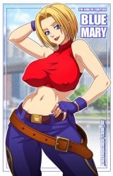 1girls areolae big_breasts blonde_hair blue_eyes blue_mary bob_cut breasts breasts_out exposed_breasts fatal_fury female fingerless_gloves gloves hand_behind_head hand_on_hip hips hourglass_figure jeans king_of_fighters lipstick looking_at_viewer nipples one_hand_behind_head partially_clothed posing red_lipstick sano-br smile snk solo solo_female solo_focus thighs top_lift voluptuous wide_hips
