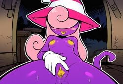 ai_generated breasts gloves mario_(series) nipples paper_mario paper_mario:_the_thousand-year_door pink_hair purple_skin spread_pussy vivian_(paper_mario) witch_hat yellow_nipples yellow_pussy