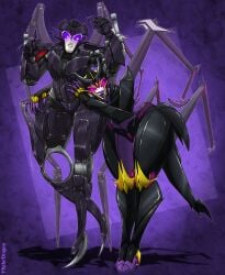 2girls airachnid artist_request big_thighs busty fanart female glowing_eyes hasbro mature_female mommy perfect_legs pink_eyes pkthedragon purple_eyes robot_girl thick_hips thick_thighs tongue tongue_out transformers transformers_one transformers_prime villainess