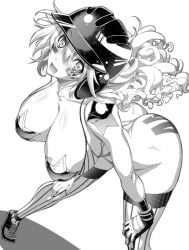 ass baseball_cap bent_over bodypaint breasts female greyscale hat long_hair looking_at_viewer monochrome open_mouth pasties smile solo striped striped_legwear tattoo vertical_stripes