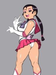 1girls ass bishoujo_senshi_sailor_moon black_hair butt clothed clothed_female female female_focus female_only gray_background light-skinned_female looking_at_viewer mascara mitzi_mitzenheim norman_normal pantyshot pose posing posing_for_the_viewer sailor_senshi_uniform samson_00 shiny_skin solo solo_female solo_focus twintails