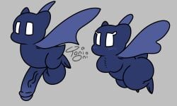2_toes 5:3 ass balls bat bat_(cave_story) blue_body blush breasts cave_story duo eyelashes feet female flying genitals grey_background male mammal penis signature simple_background small_but_hung spread_wings tail toes toni_oni vein veiny_penis white_eyes wings