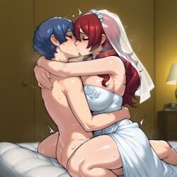 1boy 1boy1girl 1girls ai_generated ambiguous_penetration blue_hair bride digbyai female female kissing kissing makoto_yuki male male/female mitsuru_kirijo persona persona_3 red_hair sex straight tagme wedding_dress wedding_lingerie