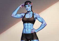 ai_generated avatar avatar:_the_way_of_water blue_skin cameltoe crop_top female istoleurmom1 na'vi pussy recom_walker recombinant shorts tail yellow_eyes