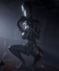 1girls 3d big_breasts dead_by_daylight lisa_sherwood monster monster_girl nightmare_waifu sharp_teeth squatting the_hag vexonair