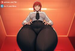 1girls ai_generated below_view chainsaw_man clothed clothing femdom makima_(chainsaw_man) narrow_waist patreon pov smile smiling t8r thick thick_legs thick_thighs thighs viewed_from_below wide_hips