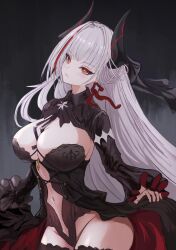 admiral_zenker_(azur_lane) azur_lane between_breasts black_dress black_thighhighs blush breasts cg cleavage closed_mouth clothing_cutout cowboy_shot dress earrings female grey_hair horns jewelry large_breasts leotard long_hair long_sleeves looking_at_viewer multicolored_hair navel navel_cutout official_art red_eyes red_hair silver_hair solo stomach streaked_hair thighhighs thighs very_long_hair white_hair
